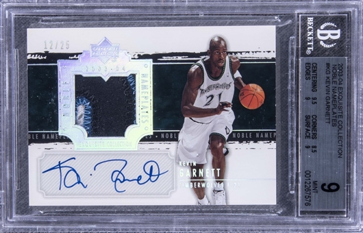 2003-04 UD "Exquisite Collection" Noble Nameplates #KG Kevin Garnett Signed Game Used Patch Card (#12/25) – BGS MINT 9/BGS 10